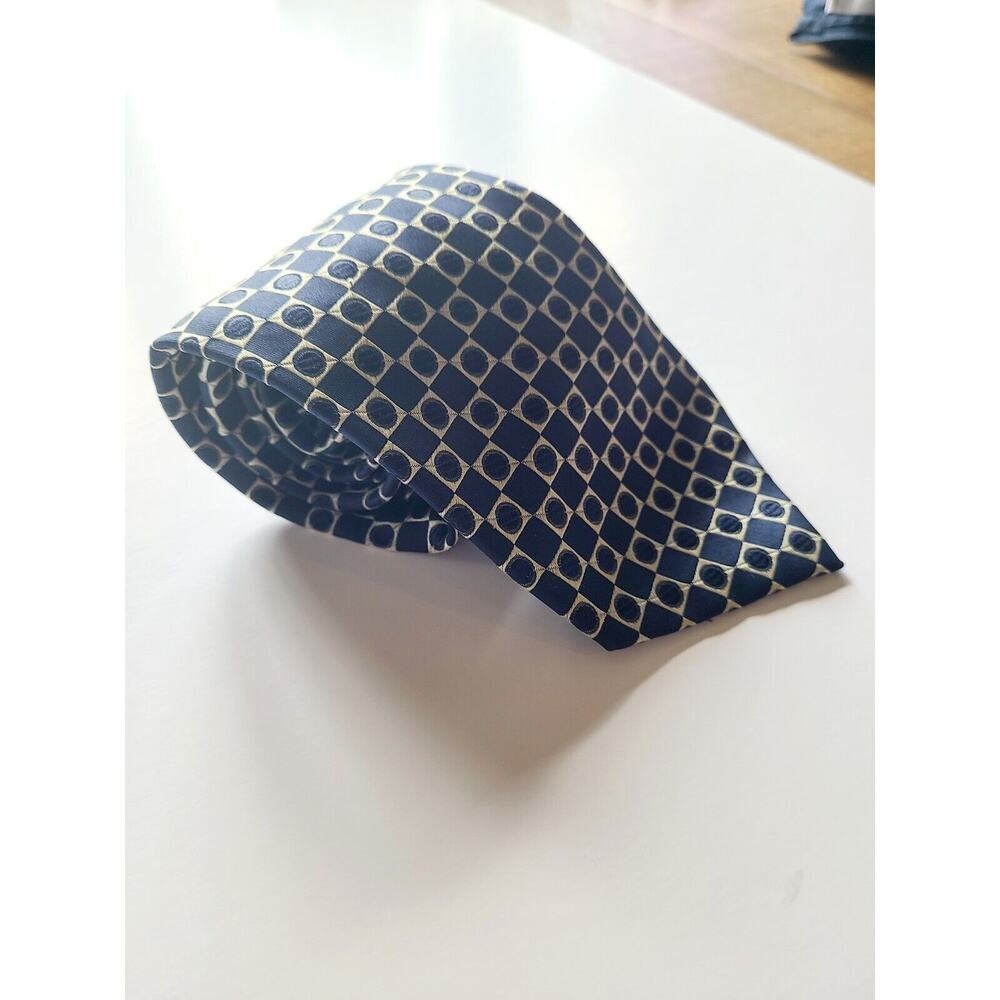 Valerio Garati Pure 100% Silk Tie‎ Navy Blue Off White Square Mens Designer
